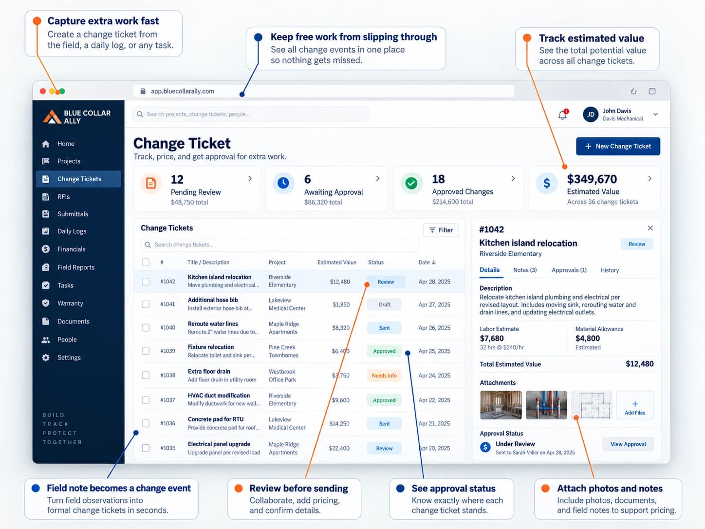 Change Ticket dashboard showing extra work requests, estimated value, approval status, notes, and attached photos.